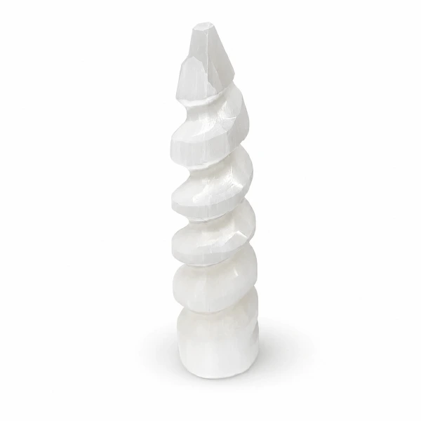 Polished selenite and black obsidian crystal towers