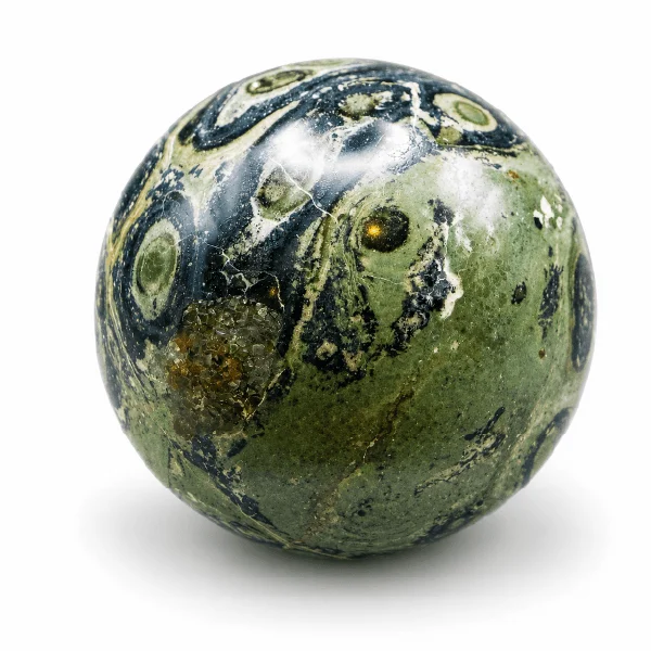 Polished labradorite crystal sphere on a stand